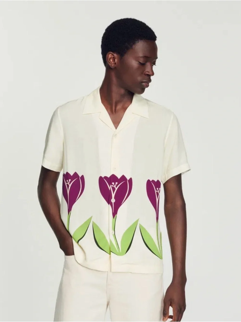 Men's Cream Short-Sleeve Button-Down Shirt with Purple Floral Print - Picture 1 of 3